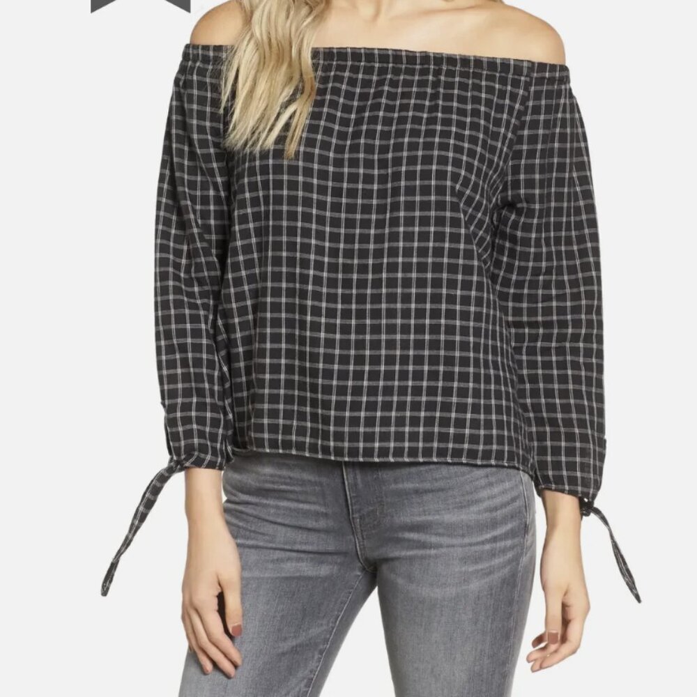 New Madewell Large Black White Cotton Plaid Off Shoulder Top Feminine Comfy